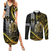 Hawaii Kuhio The Citizen Prince Couples Matching Summer Maxi Dress and Long Sleeve Button Shirt Gold Polynesian Tribal Tattoo LT05 Gold - Polynesian Pride