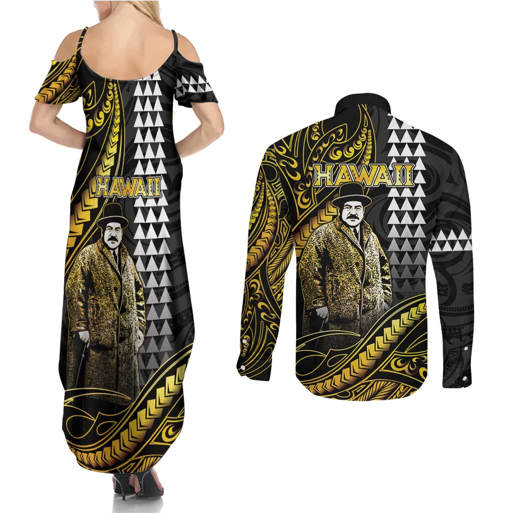 Hawaii Kuhio The Citizen Prince Couples Matching Summer Maxi Dress and Long Sleeve Button Shirt Gold Polynesian Tribal Tattoo LT05 - Polynesian Pride