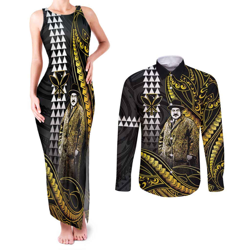 Hawaii Kuhio The Citizen Prince Couples Matching Tank Maxi Dress and Long Sleeve Button Shirt Gold Polynesian Tribal Tattoo