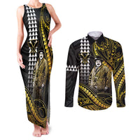 Hawaii Kuhio The Citizen Prince Couples Matching Tank Maxi Dress and Long Sleeve Button Shirt Gold Polynesian Tribal Tattoo