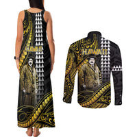 Hawaii Kuhio The Citizen Prince Couples Matching Tank Maxi Dress and Long Sleeve Button Shirt Gold Polynesian Tribal Tattoo