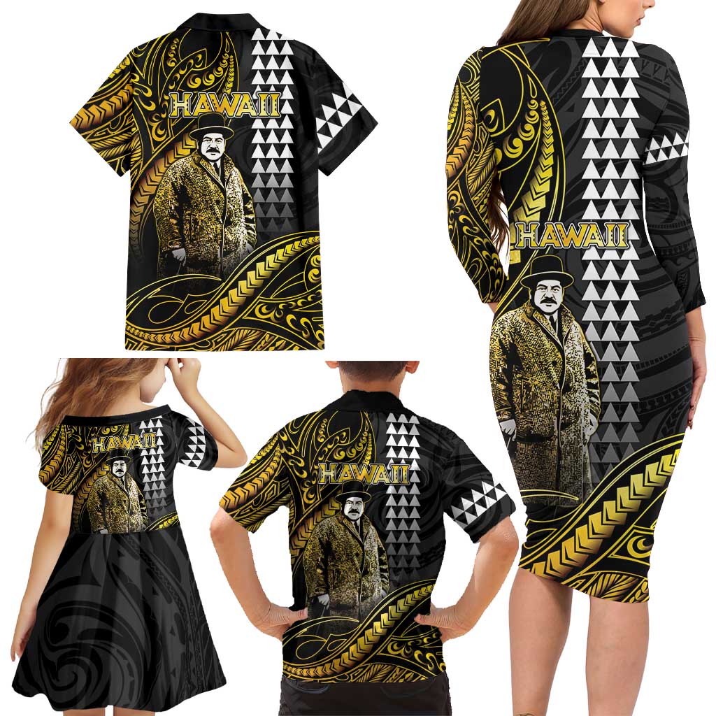 Hawaii Kuhio The Citizen Prince Family Matching Long Sleeve Bodycon Dress and Hawaiian Shirt Gold Polynesian Tribal Tattoo LT05 - Polynesian Pride