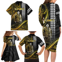 Hawaii Kuhio The Citizen Prince Family Matching Long Sleeve Bodycon Dress and Hawaiian Shirt Gold Polynesian Tribal Tattoo LT05 - Polynesian Pride