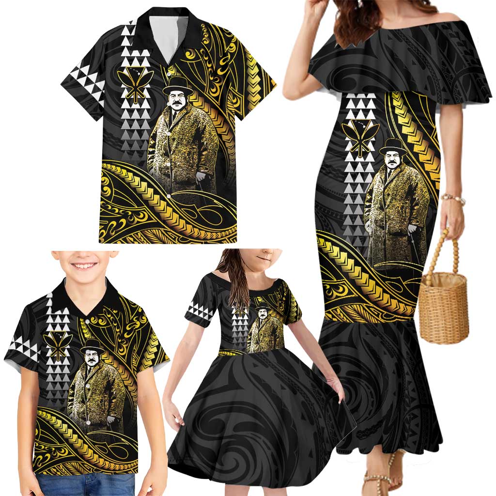 Hawaii Kuhio The Citizen Prince Family Matching Mermaid Dress and Hawaiian Shirt Gold Polynesian Tribal Tattoo