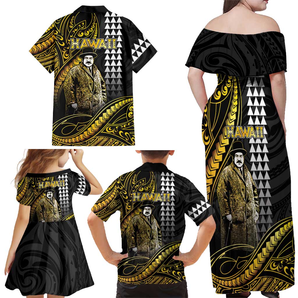 Hawaii Kuhio The Citizen Prince Family Matching Off Shoulder Maxi Dress and Hawaiian Shirt Gold Polynesian Tribal Tattoo LT05 - Polynesian Pride