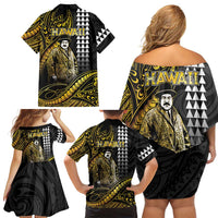 Hawaii Kuhio The Citizen Prince Family Matching Off Shoulder Short Dress and Hawaiian Shirt Gold Polynesian Tribal Tattoo LT05 - Polynesian Pride
