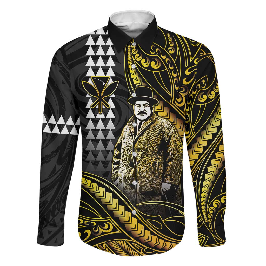 Hawaii Kuhio The Citizen Prince Family Matching Short Sleeve Bodycon Dress and Hawaiian Shirt Gold Polynesian Tribal Tattoo LT05 Dad's Shirt - Long Sleeve Gold - Polynesian Pride