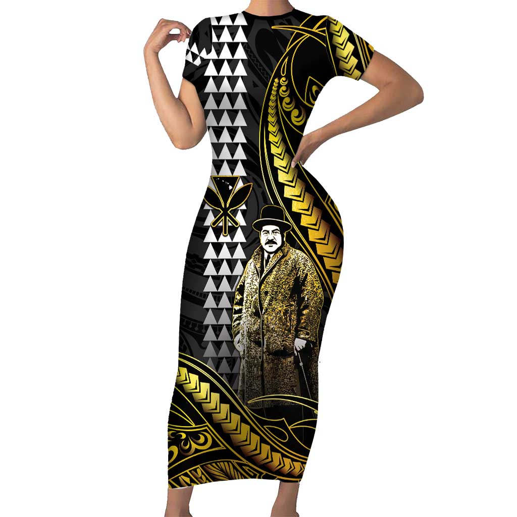 Hawaii Kuhio The Citizen Prince Family Matching Short Sleeve Bodycon Dress and Hawaiian Shirt Gold Polynesian Tribal Tattoo LT05 Mom's Dress Gold - Polynesian Pride