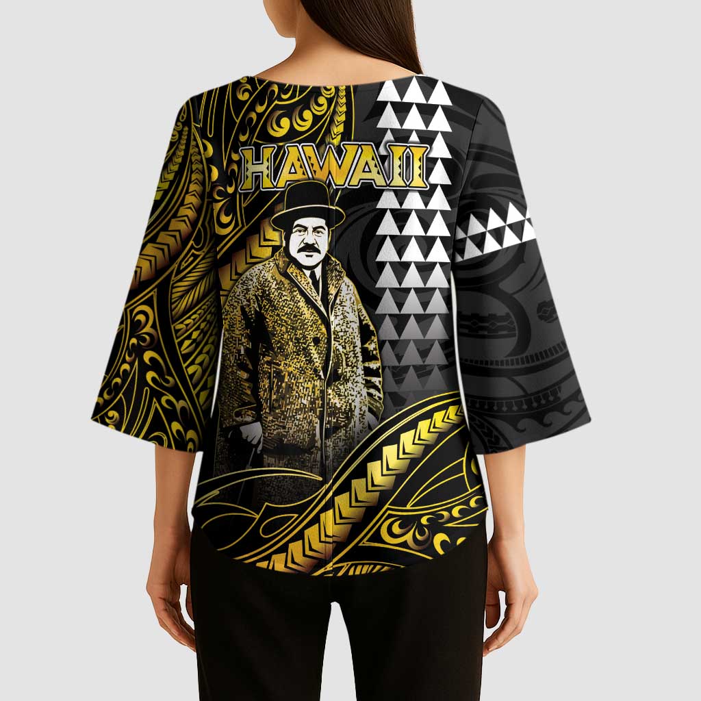 Hawaii Kuhio The Citizen Prince Kimono Sleeve Blouse Gold Polynesian Tribal Tattoo