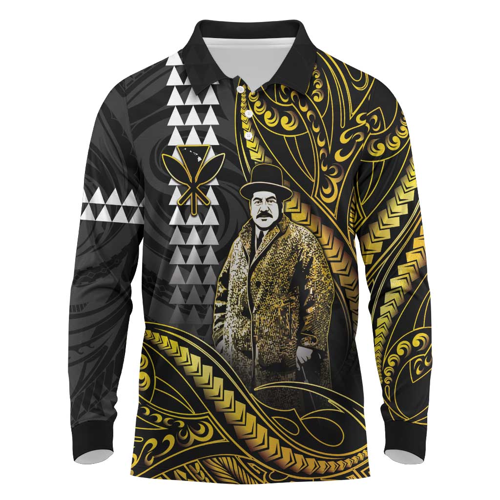 Hawaii Kuhio The Citizen Prince Long Sleeve Polo Shirt Gold Polynesian Tribal Tattoo LT05 Gold - Polynesian Pride