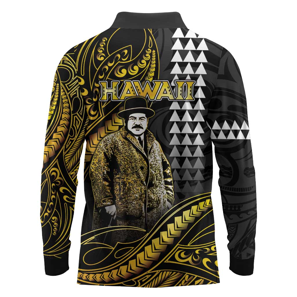 Hawaii Kuhio The Citizen Prince Long Sleeve Polo Shirt Gold Polynesian Tribal Tattoo LT05 - Polynesian Pride