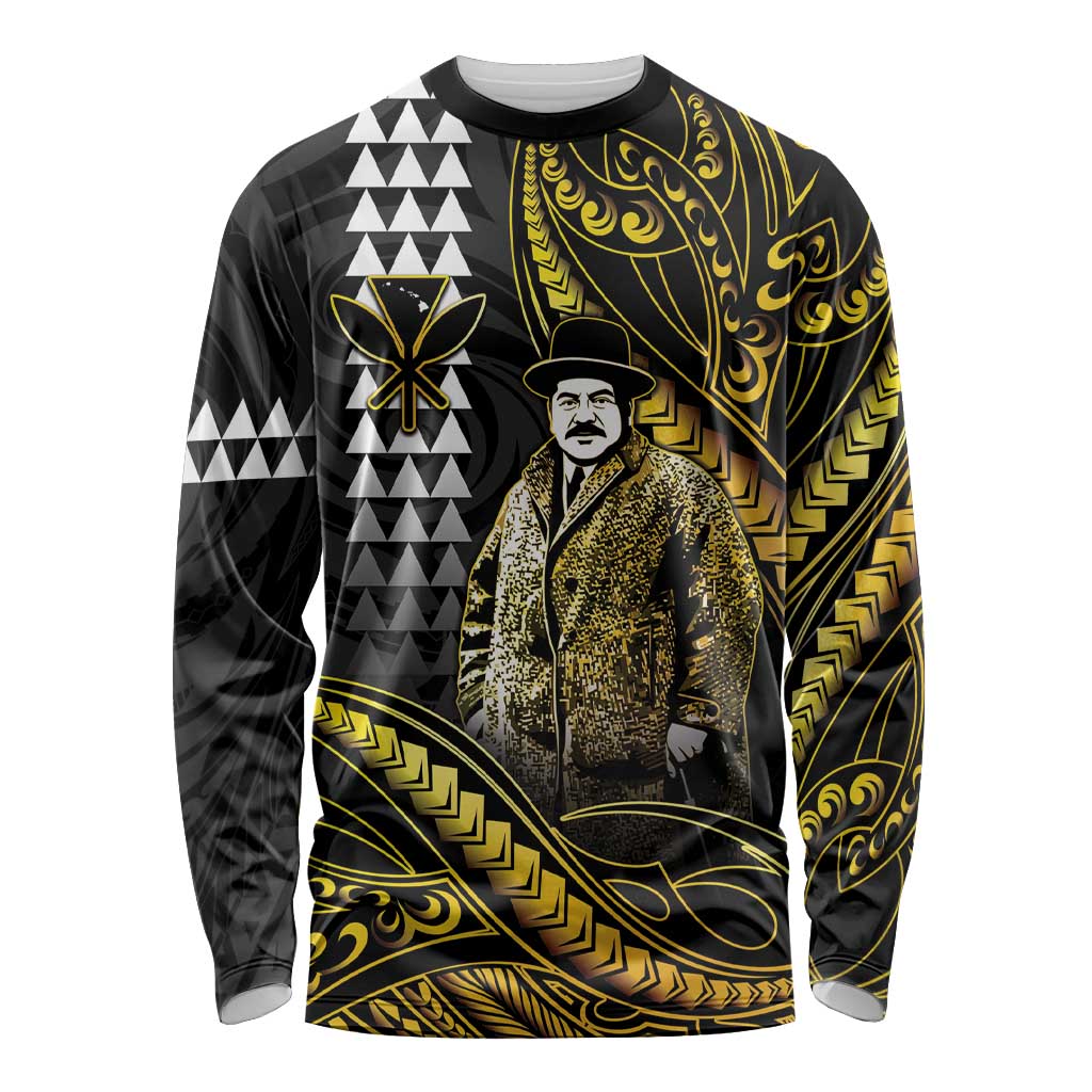 Hawaii Kuhio The Citizen Prince Long Sleeve Shirt Gold Polynesian Tribal Tattoo LT05 Unisex Gold - Polynesian Pride