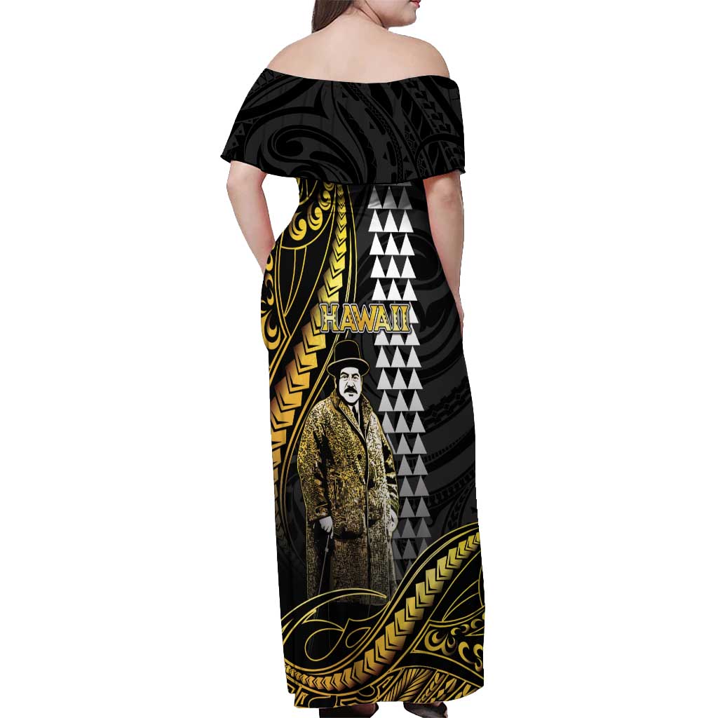 Hawaii Kuhio The Citizen Prince Off Shoulder Maxi Dress Gold Polynesian Tribal Tattoo LT05 - Polynesian Pride