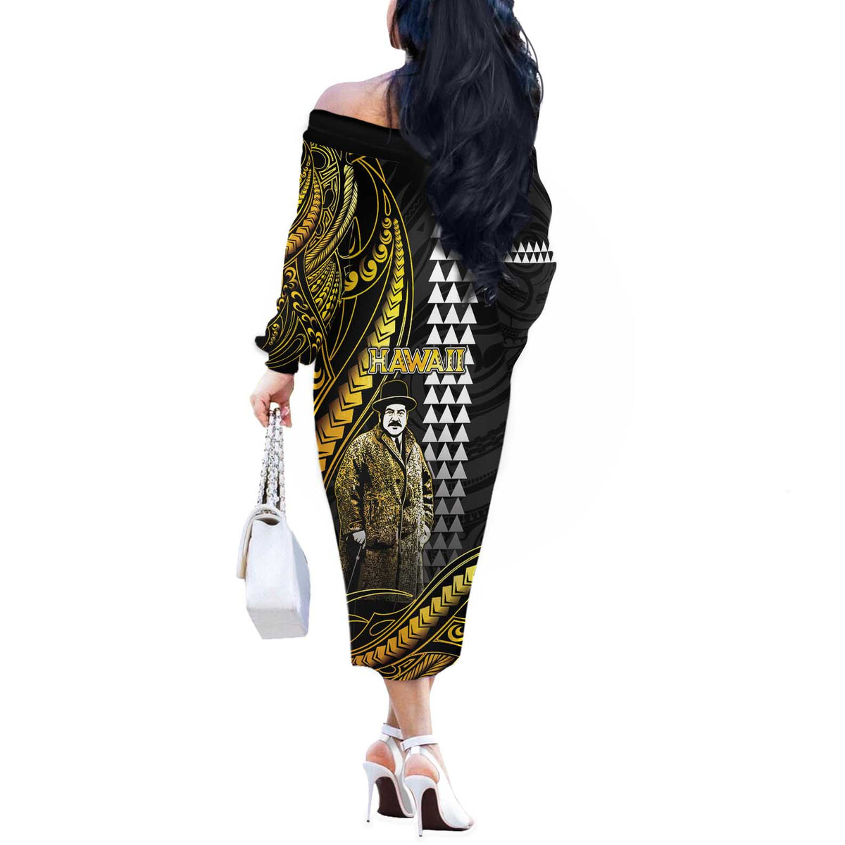 Hawaii Kuhio The Citizen Prince Off The Shoulder Long Sleeve Dress Gold Polynesian Tribal Tattoo LT05 - Polynesian Pride