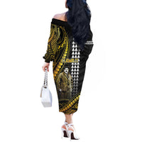 Hawaii Kuhio The Citizen Prince Off The Shoulder Long Sleeve Dress Gold Polynesian Tribal Tattoo LT05 - Polynesian Pride