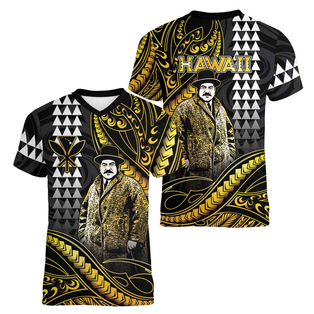 Hawaii Kuhio The Citizen Prince Women V-Neck T-Shirt Gold Polynesian Tribal Tattoo