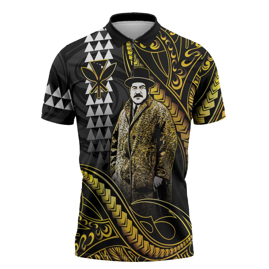Hawaii Kuhio The Citizen Prince Zipper Polo Shirt Gold Polynesian Tribal Tattoo LT05 Gold - Polynesian Pride