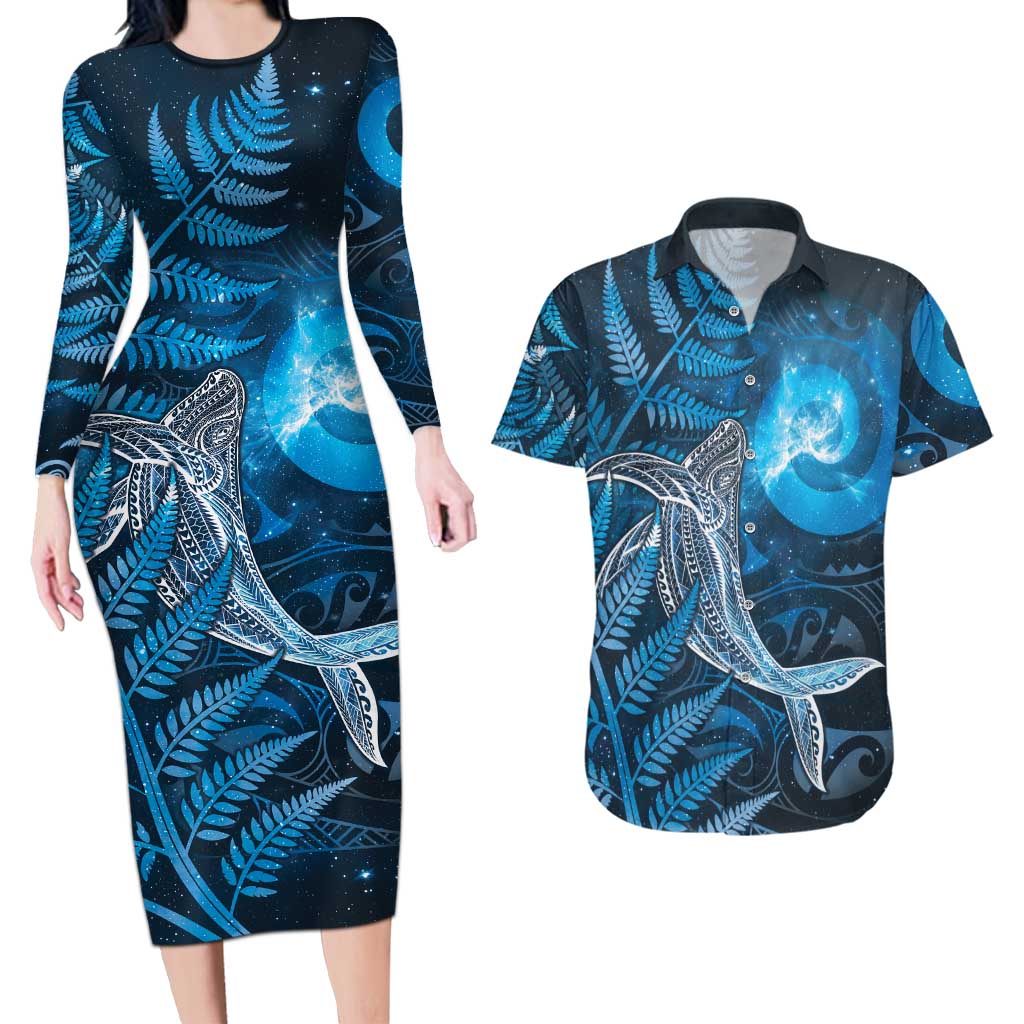 New Zealand Matariki Couples Matching Long Sleeve Bodycon Dress and Hawaiian Shirt Maori Koru With Humpback Whale Blue LT05 Blue - Polynesian Pride