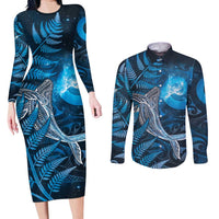 New Zealand Matariki Couples Matching Long Sleeve Bodycon Dress and Long Sleeve Button Shirt Maori Koru With Humpback Whale Blue