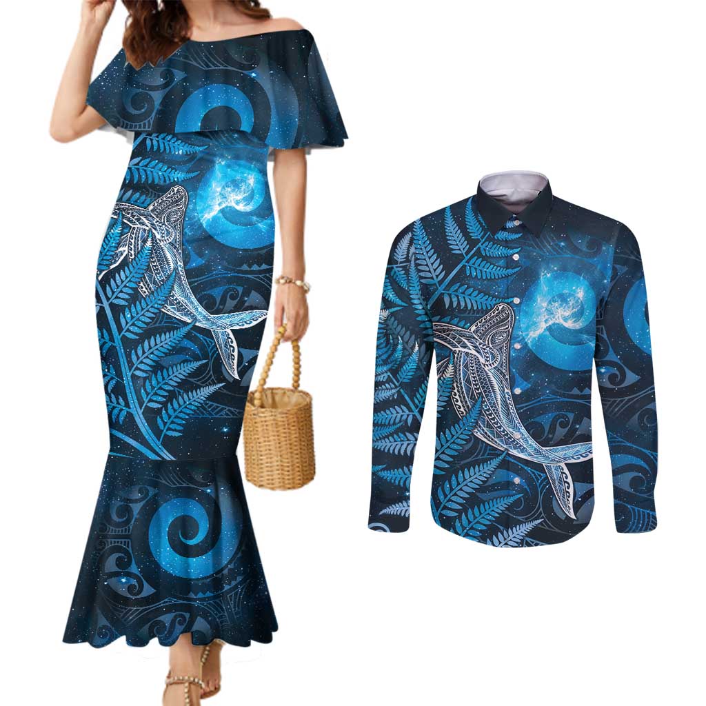 New Zealand Matariki Couples Matching Mermaid Dress and Long Sleeve Button Shirt Maori Koru With Humpback Whale Blue LT05 Blue - Polynesian Pride