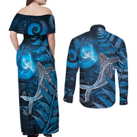 New Zealand Matariki Couples Matching Off Shoulder Maxi Dress and Long Sleeve Button Shirt Maori Koru With Humpback Whale Blue LT05 - Polynesian Pride