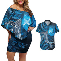 New Zealand Matariki Couples Matching Off Shoulder Short Dress and Hawaiian Shirt Maori Koru With Humpback Whale Blue