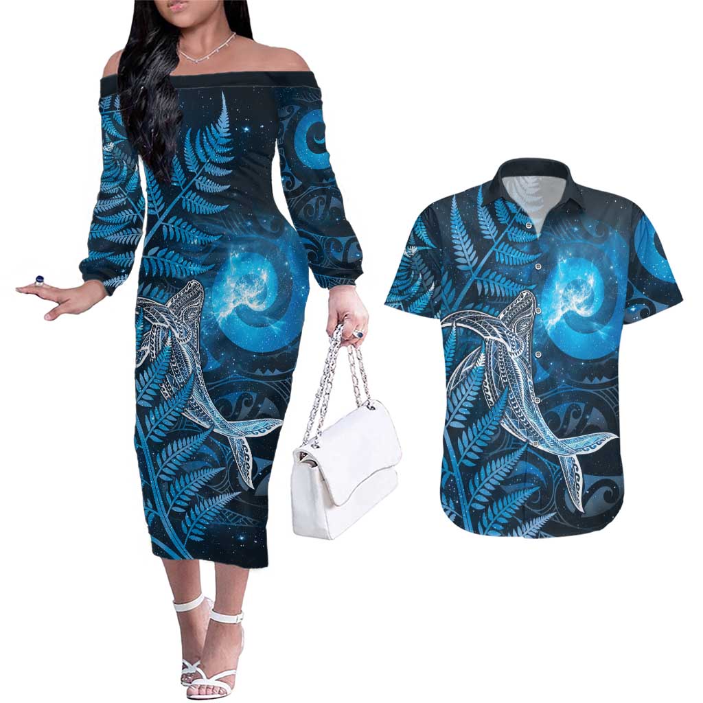 New Zealand Matariki Couples Matching Off The Shoulder Long Sleeve Dress and Hawaiian Shirt Maori Koru With Humpback Whale Blue