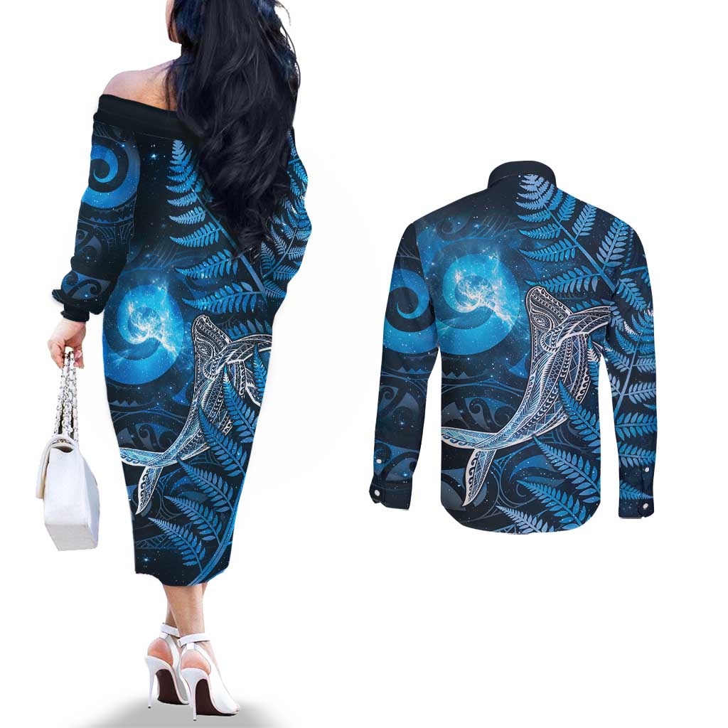 New Zealand Matariki Couples Matching Off The Shoulder Long Sleeve Dress and Long Sleeve Button Shirt Maori Koru With Humpback Whale Blue