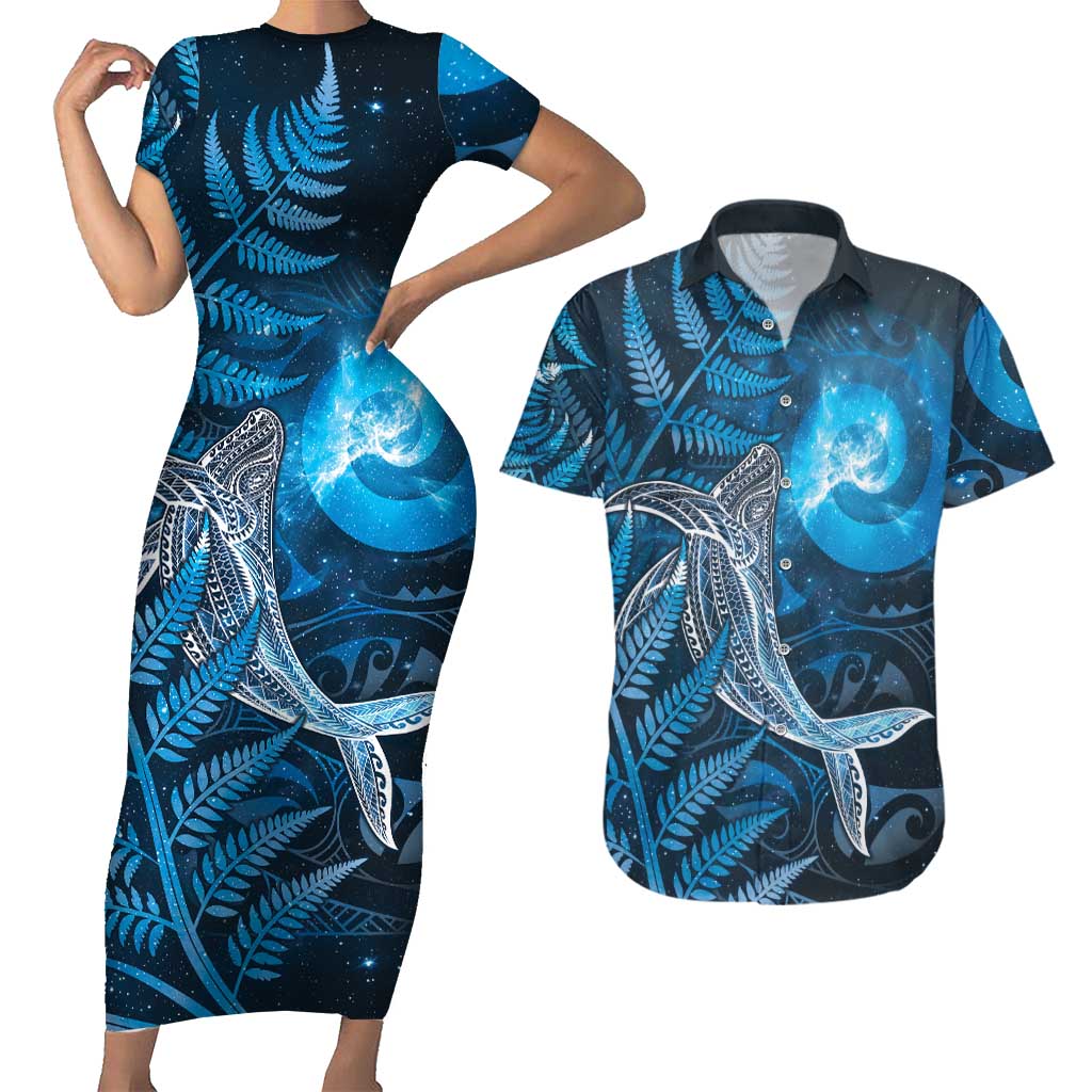 New Zealand Matariki Couples Matching Short Sleeve Bodycon Dress and Hawaiian Shirt Maori Koru With Humpback Whale Blue LT05 Blue - Polynesian Pride