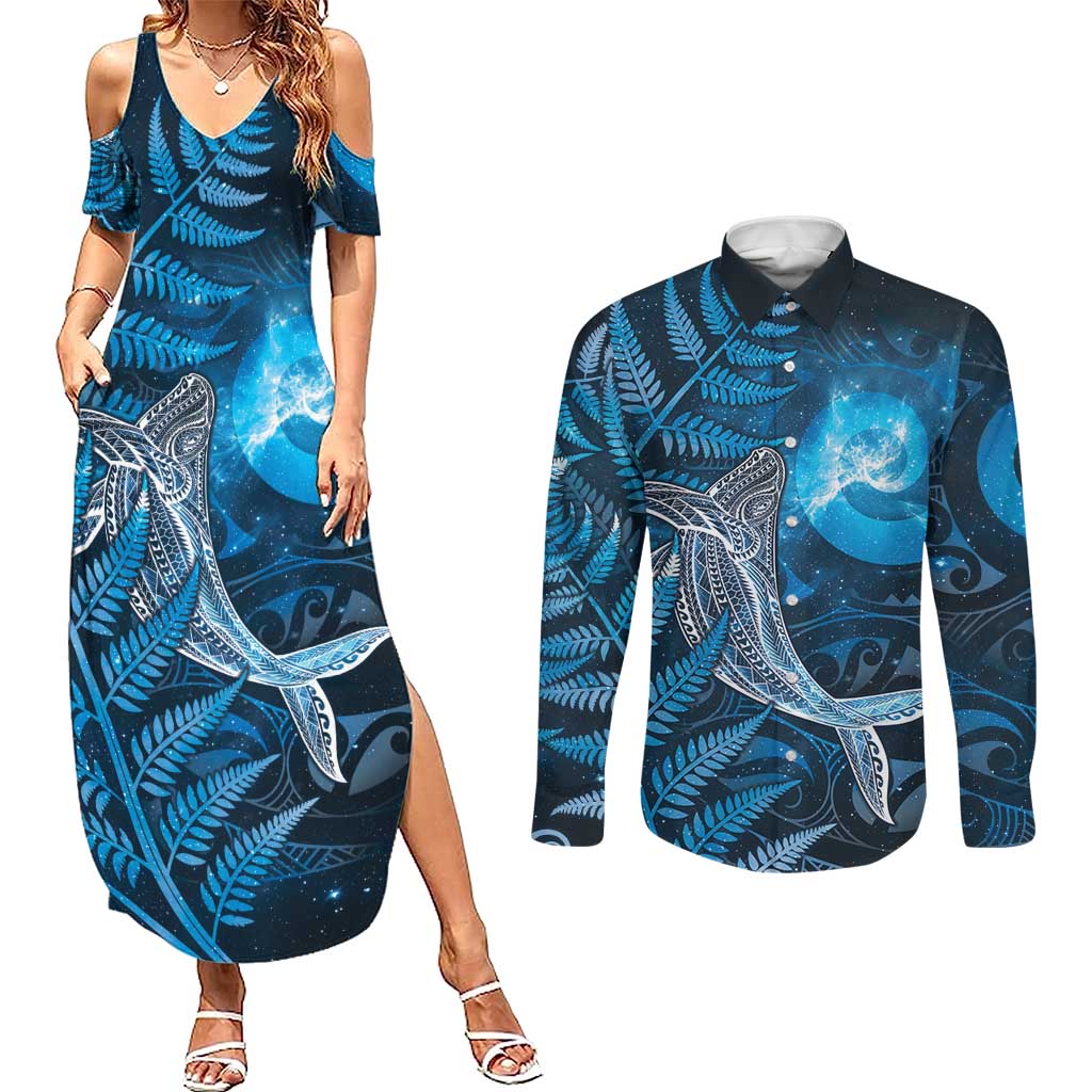 New Zealand Matariki Couples Matching Summer Maxi Dress and Long Sleeve Button Shirt Maori Koru With Humpback Whale Blue LT05 Blue - Polynesian Pride