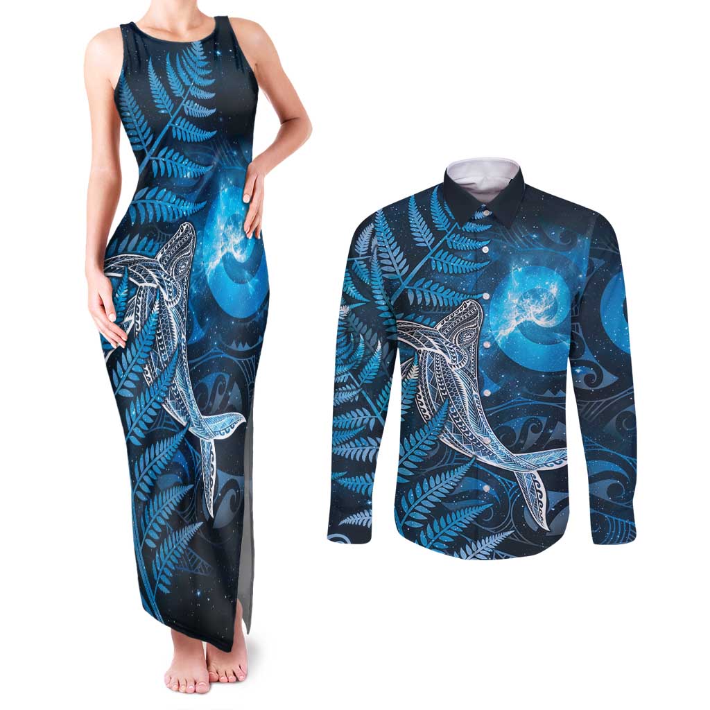New Zealand Matariki Couples Matching Tank Maxi Dress and Long Sleeve Button Shirt Maori Koru With Humpback Whale Blue LT05 Blue - Polynesian Pride