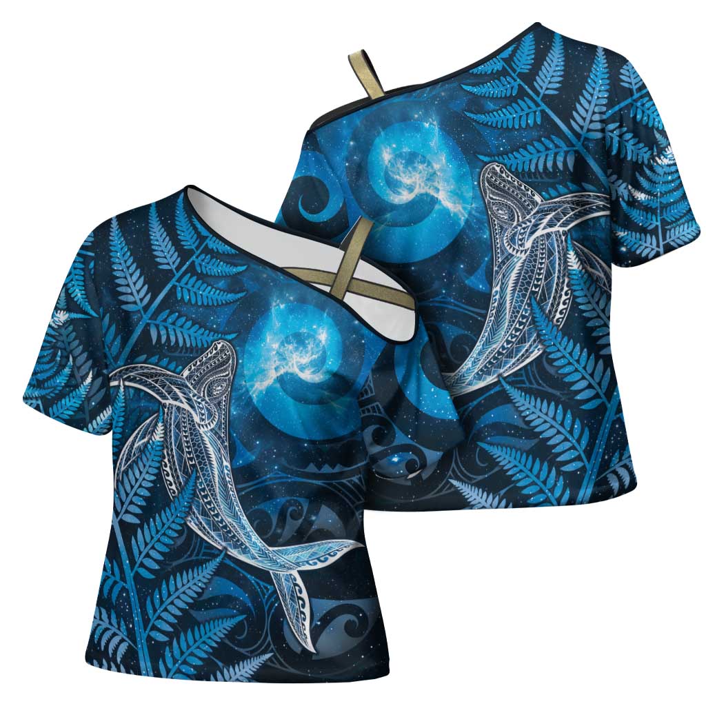 New Zealand Matariki Cross Shoulder Shirt Maori Koru With Humpback Whale Blue