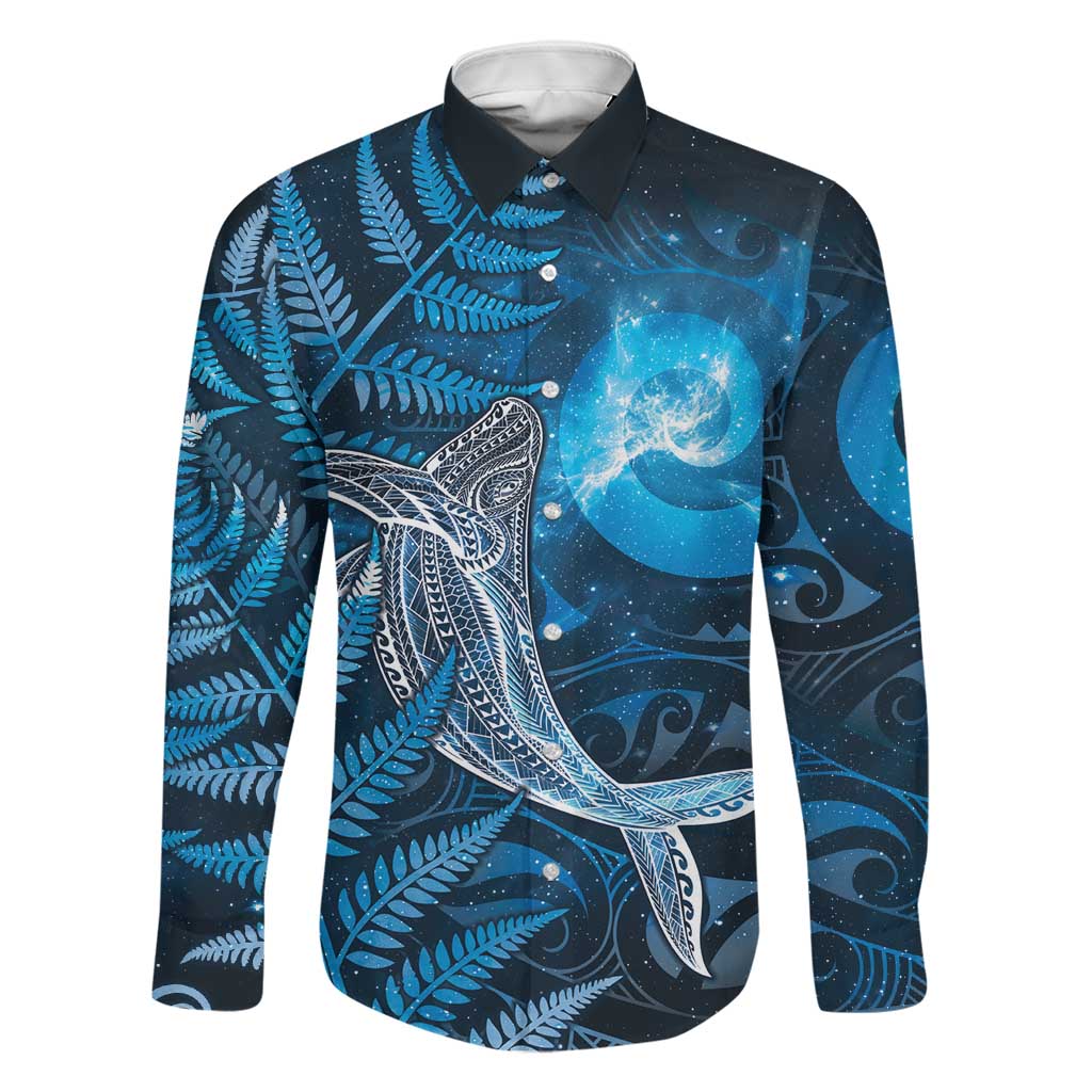 New Zealand Matariki Family Matching Long Sleeve Bodycon Dress and Hawaiian Shirt Maori Koru With Humpback Whale Blue LT05 Dad's Shirt - Long Sleeve Blue - Polynesian Pride