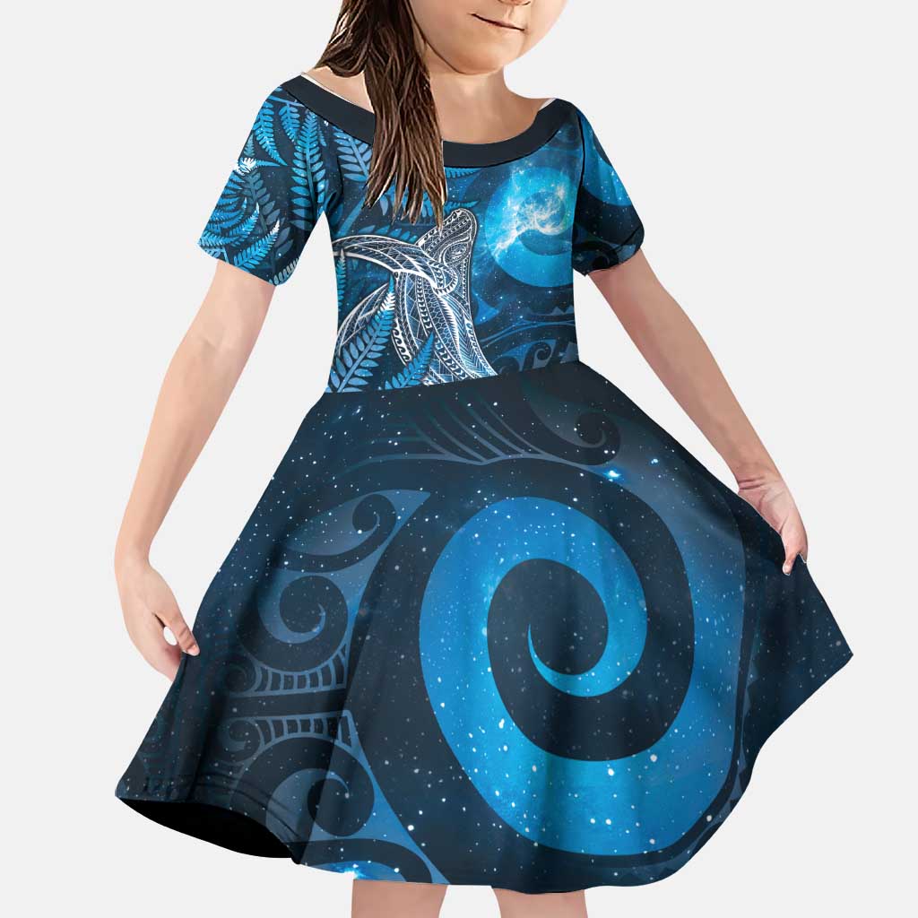 New Zealand Matariki Family Matching Off Shoulder Maxi Dress and Hawaiian Shirt Maori Koru With Humpback Whale Blue LT05 Daughter's Dress Blue - Polynesian Pride