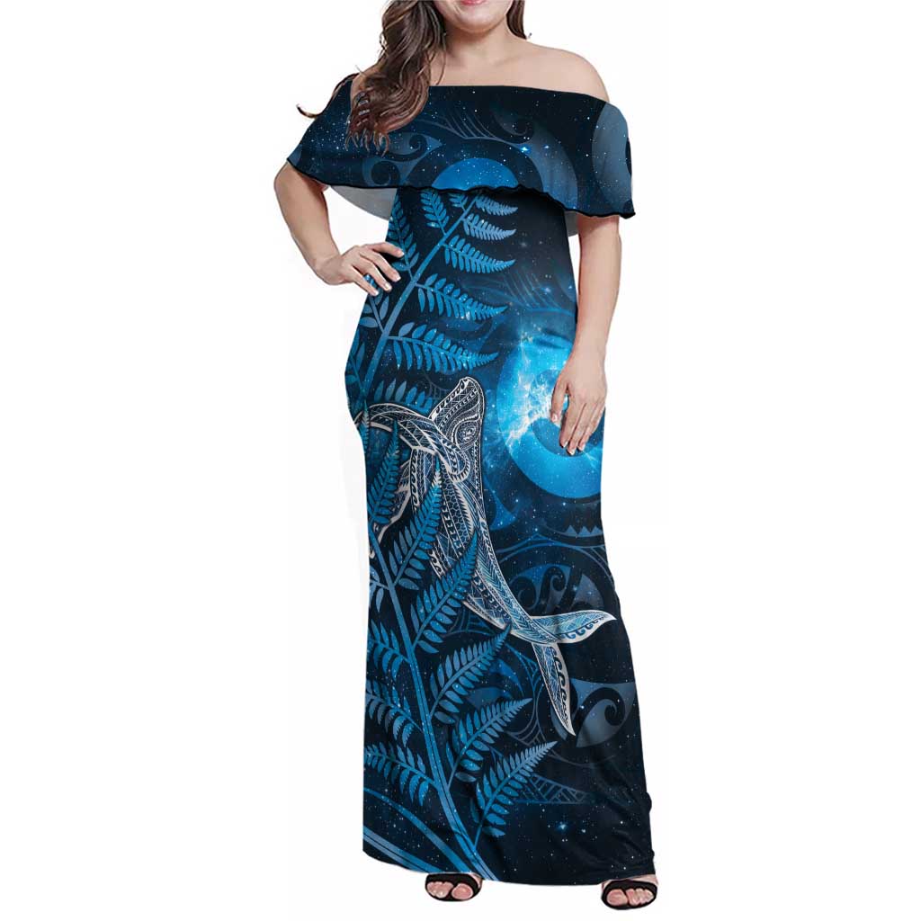New Zealand Matariki Family Matching Off Shoulder Maxi Dress and Hawaiian Shirt Maori Koru With Humpback Whale Blue LT05 Mom's Dress Blue - Polynesian Pride