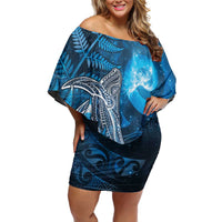 New Zealand Matariki Family Matching Off Shoulder Short Dress and Hawaiian Shirt Maori Koru With Humpback Whale Blue LT05 Mom's Dress Blue - Polynesian Pride