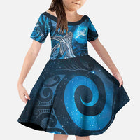 New Zealand Matariki Family Matching Puletasi and Hawaiian Shirt Maori Koru With Humpback Whale Blue LT05 Daughter's Dress Blue - Polynesian Pride