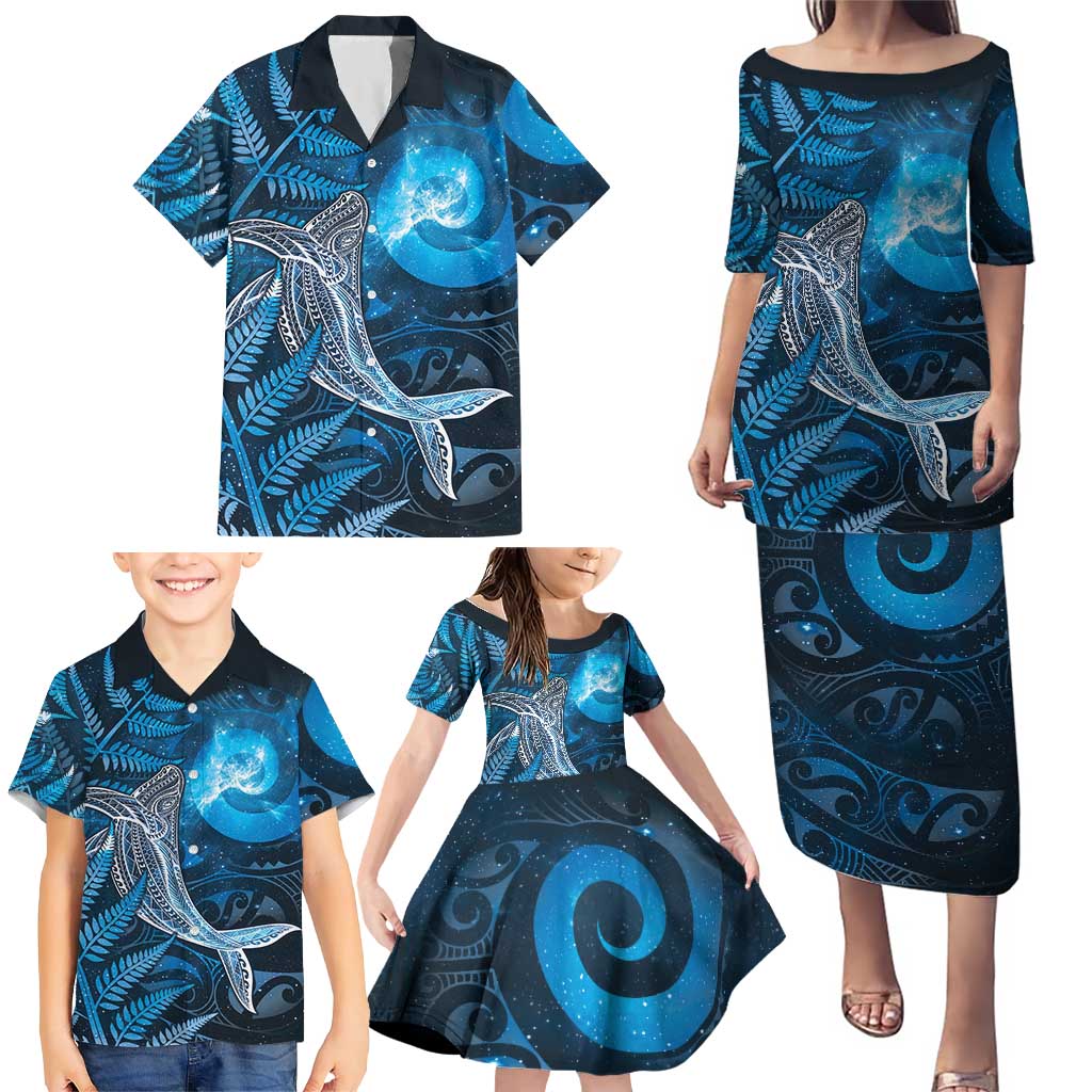 New Zealand Matariki Family Matching Puletasi and Hawaiian Shirt Maori Koru With Humpback Whale Blue LT05 - Polynesian Pride