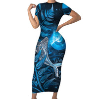 New Zealand Matariki Family Matching Short Sleeve Bodycon Dress and Hawaiian Shirt Maori Koru With Humpback Whale Blue LT05 Mom's Dress Blue - Polynesian Pride