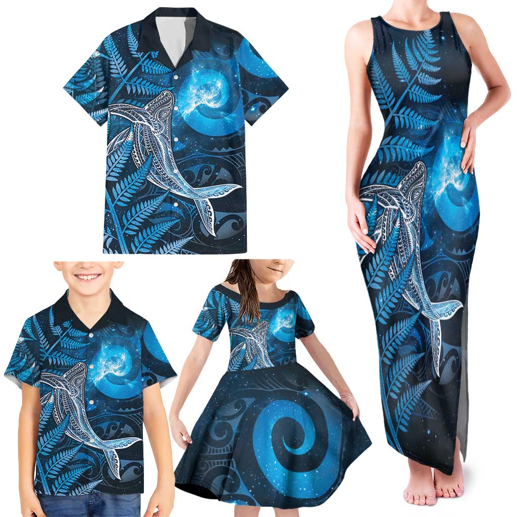 New Zealand Matariki Family Matching Tank Maxi Dress and Hawaiian Shirt Maori Koru With Humpback Whale Blue