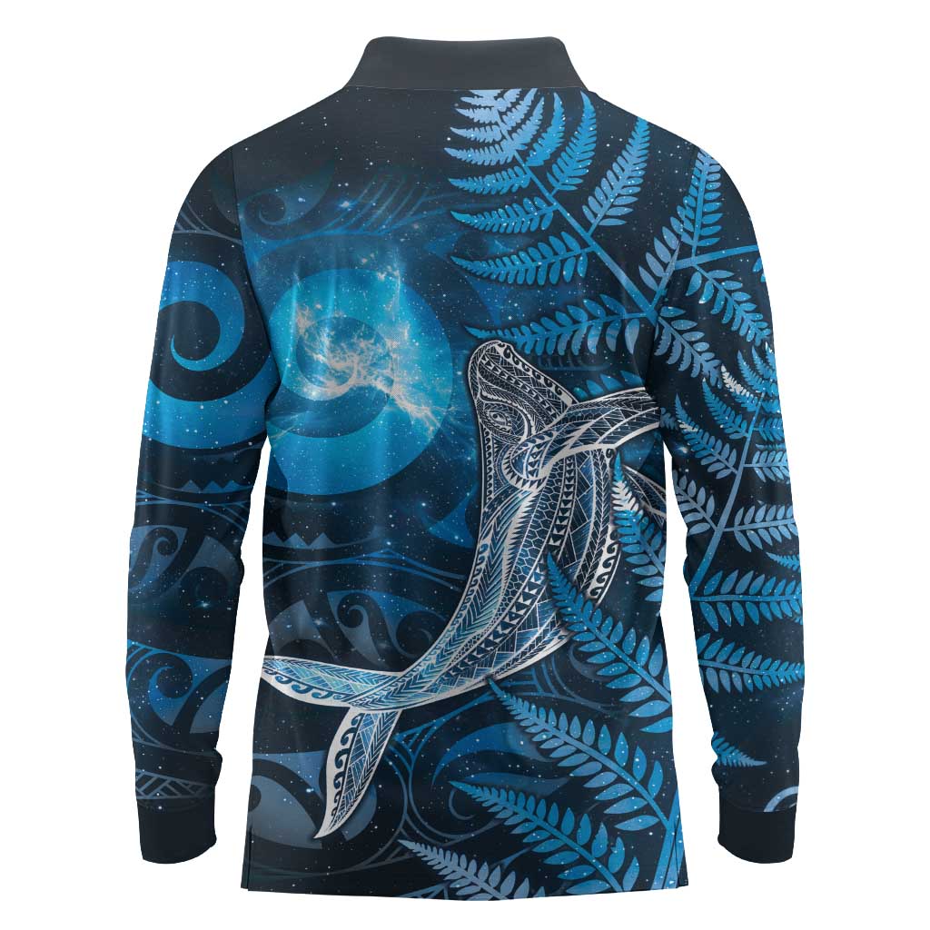 New Zealand Matariki Long Sleeve Polo Shirt Maori Koru With Humpback Whale Blue LT05 - Polynesian Pride