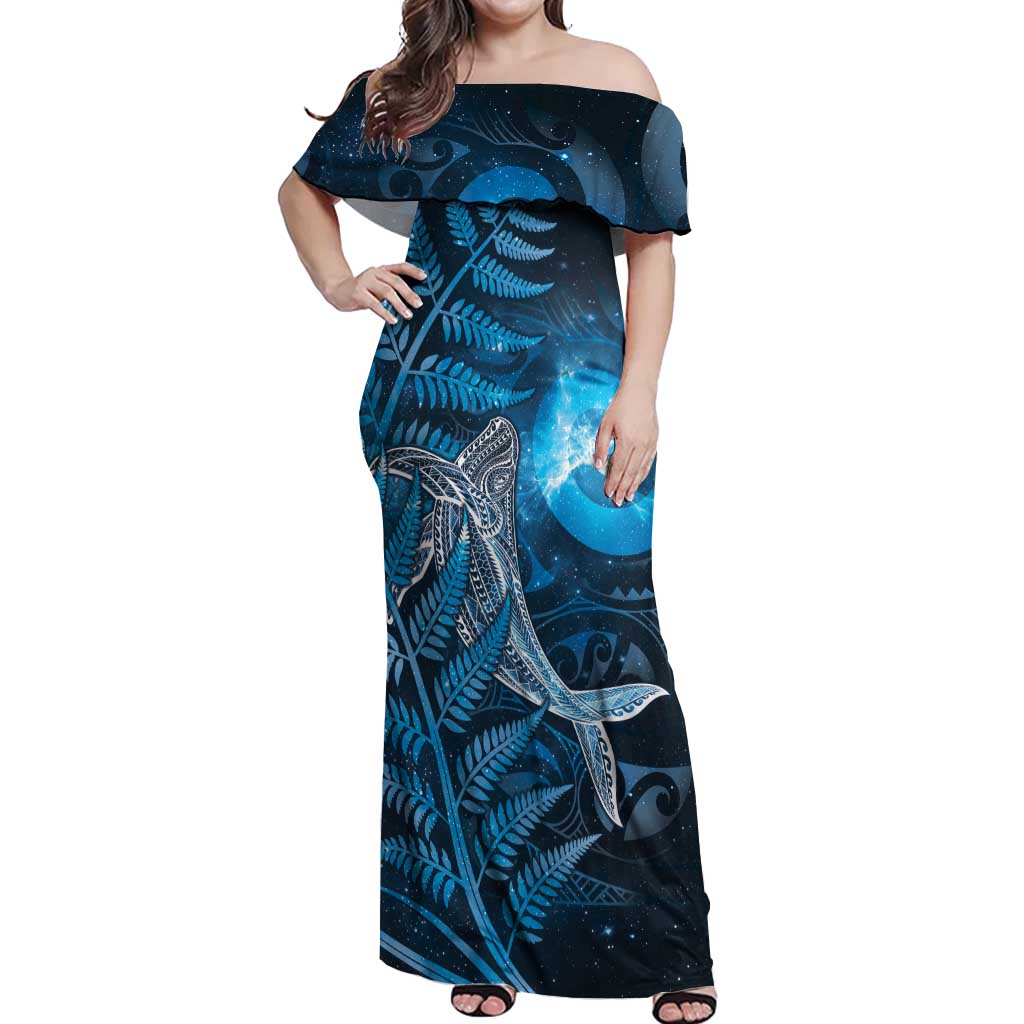 New Zealand Matariki Off Shoulder Maxi Dress Maori Koru With Humpback Whale Blue