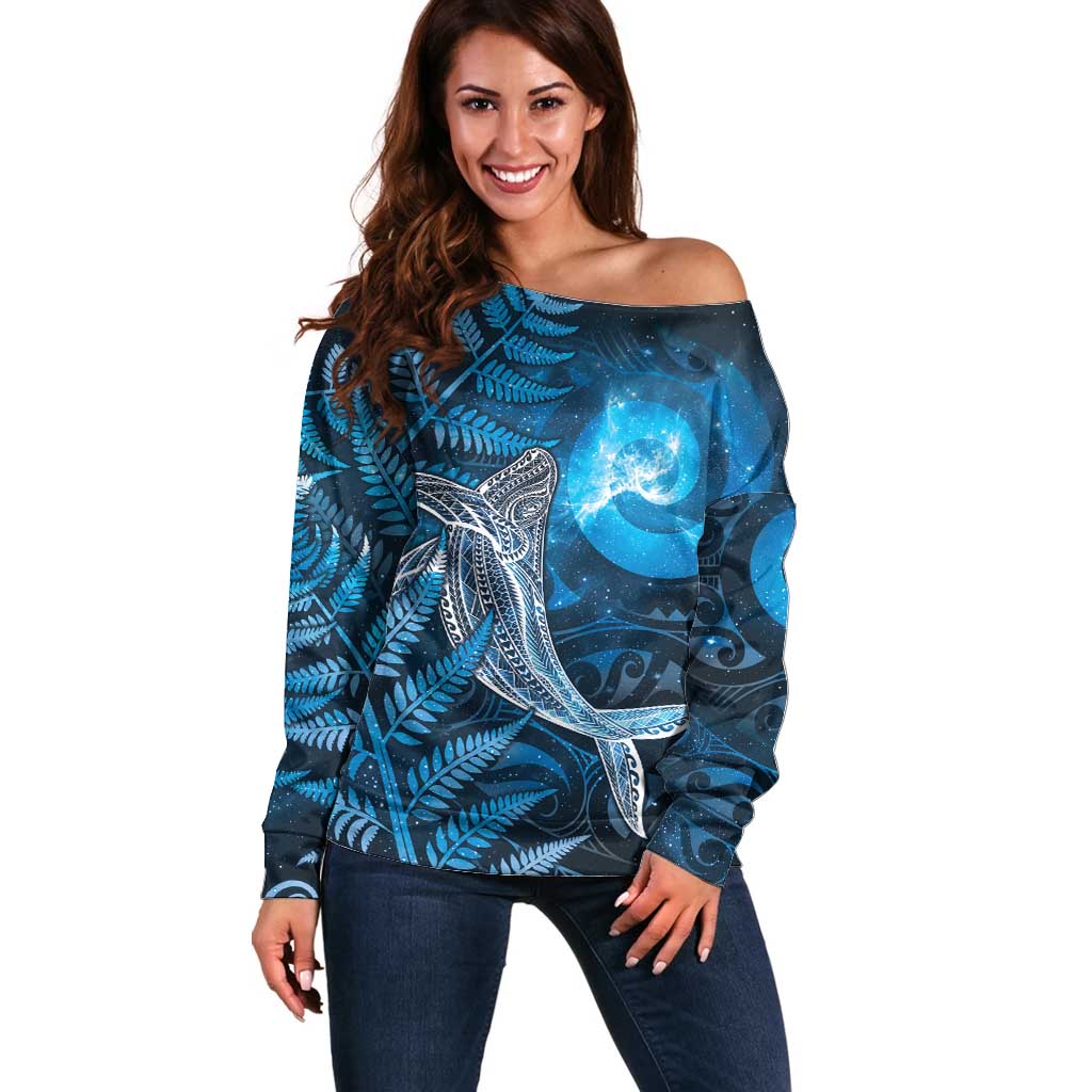 New Zealand Matariki Off Shoulder Sweater Maori Koru With Humpback Whale Blue LT05 Women Blue - Polynesian Pride
