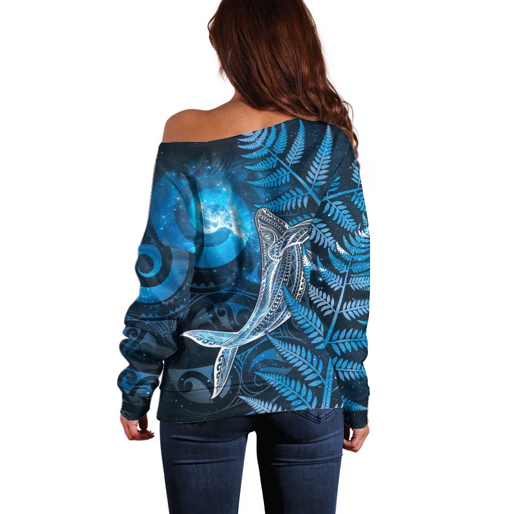 New Zealand Matariki Off Shoulder Sweater Maori Koru With Humpback Whale Blue LT05 - Polynesian Pride