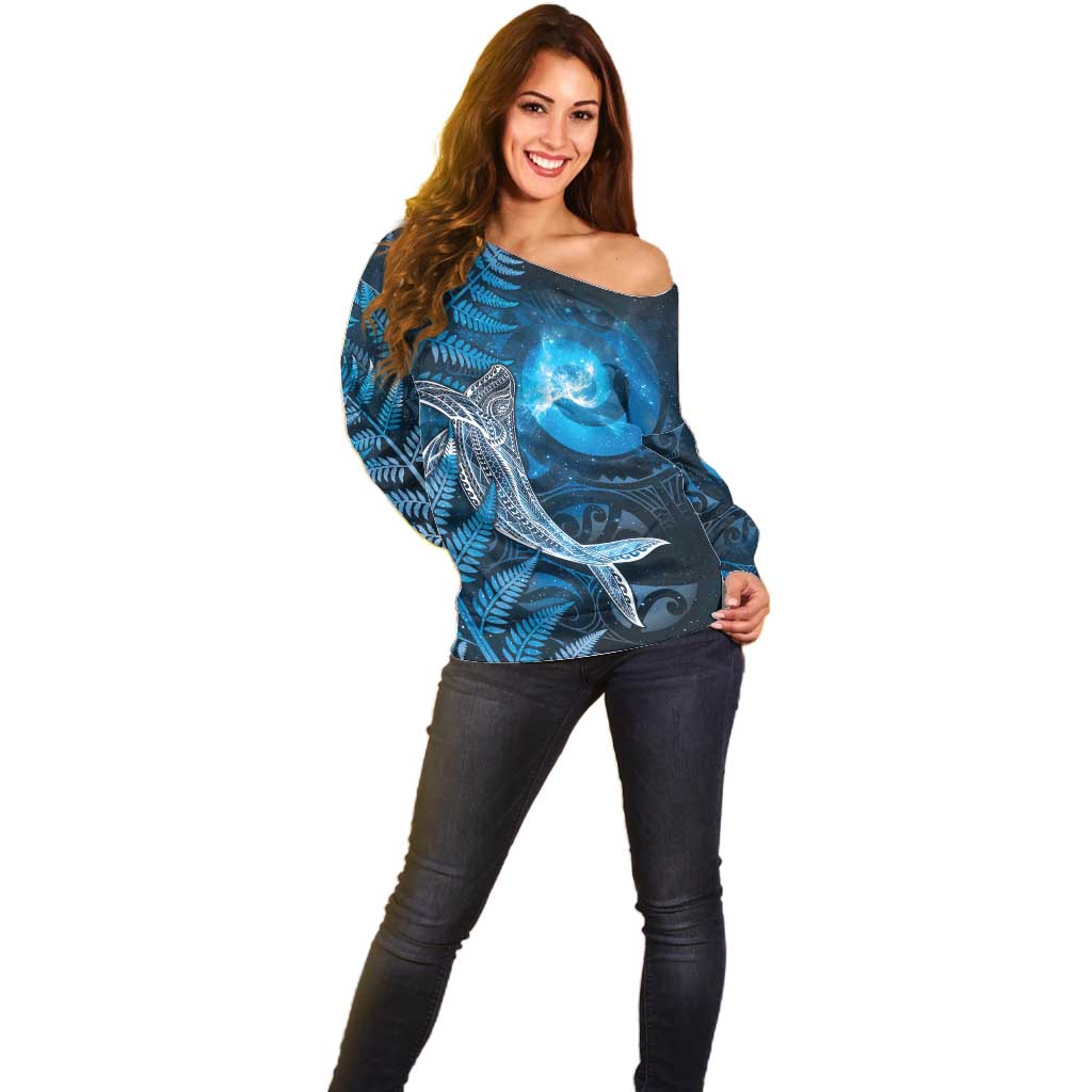 New Zealand Matariki Off Shoulder Sweater Maori Koru With Humpback Whale Blue LT05 - Polynesian Pride