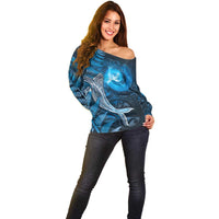 New Zealand Matariki Off Shoulder Sweater Maori Koru With Humpback Whale Blue LT05 - Polynesian Pride