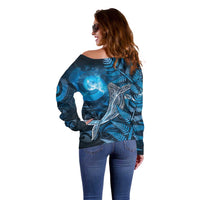 New Zealand Matariki Off Shoulder Sweater Maori Koru With Humpback Whale Blue LT05 - Polynesian Pride