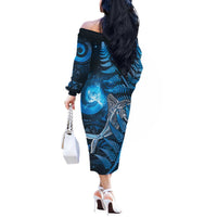 New Zealand Matariki Off The Shoulder Long Sleeve Dress Maori Koru With Humpback Whale Blue LT05 - Polynesian Pride