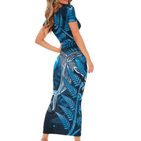 New Zealand Matariki Short Sleeve Bodycon Dress Maori Koru With Humpback Whale Blue LT05 - Polynesian Pride