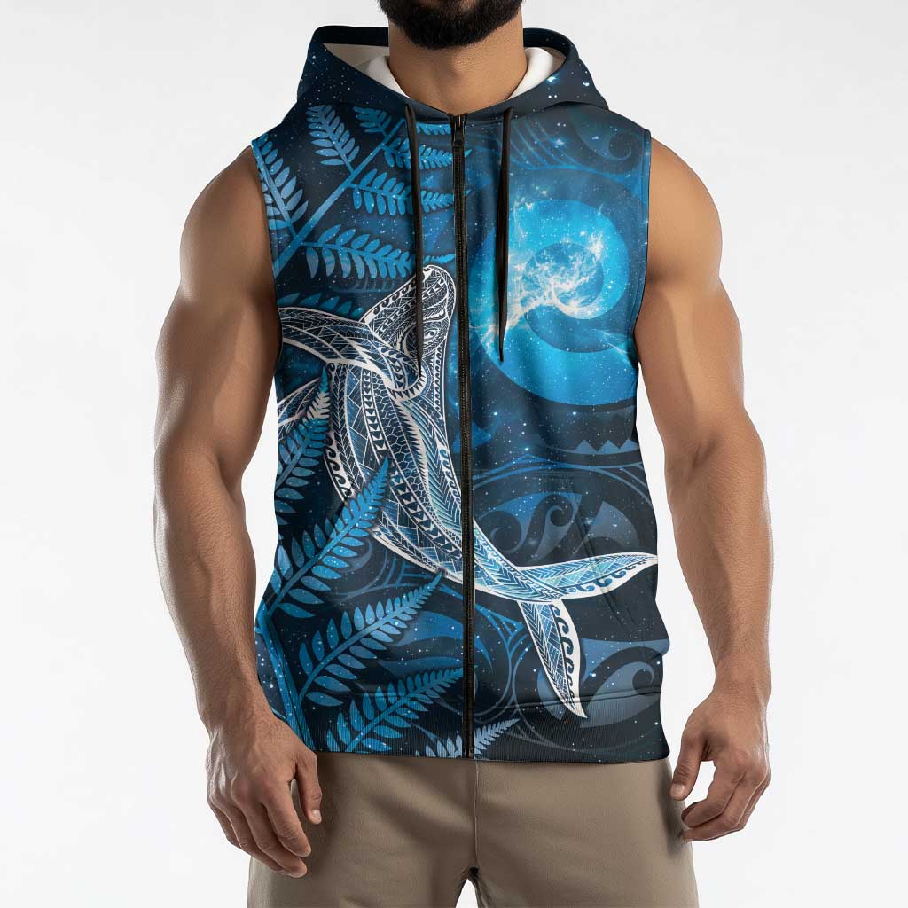 New Zealand Matariki Sleeveless Zip Hoodie Maori Koru With Humpback Whale Blue